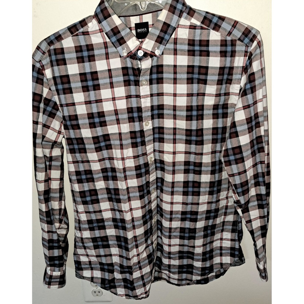 Hugo Boss Mens Plaid Button Down Shirt Long Sleeve Burgundy Navy White L